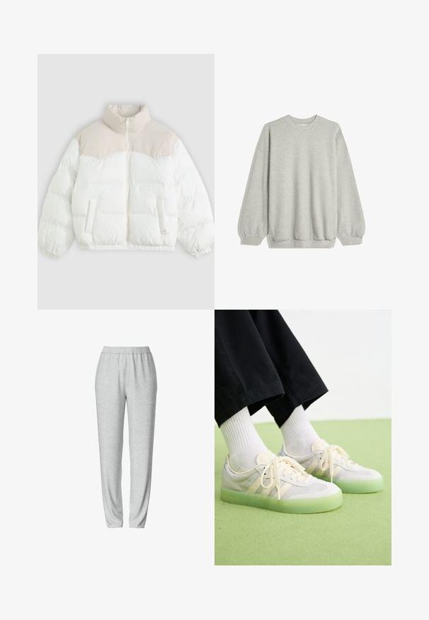 Gewatteerde jas met hoge kraag, met een crèmekleurig bovenpaneel en een witte body, geborduurd oppervlak, voorzakken en elastische manchetten.; Grijze sweatshirt van zacht materiaal, met een ronde hals, lange mouwen met elastische manchetten en een relaxte pasvorm. Geen patronen of accenten.; Grijze sweatpants met een elastische tailleband, taps toelopend ontwerp, zachte textuur en zonder zichtbare patronen of hardwaredetails.; Lichtgekleurde sneakers met een bovenwerk van suède en mesh, met drie zijstrepen, platte veters en een doorschijnende groene rubberen zool.