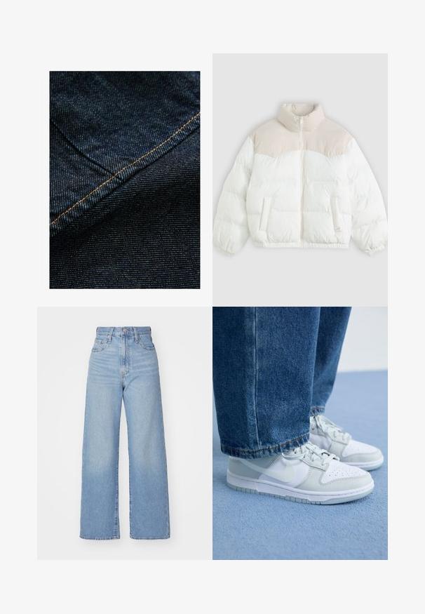 Pūkinis švarkas su aukšta apykakle, turintis kreminę viršutinę dalį ir baltą korpusą, siuvinėta tekstūra, priekiniai kišeniai ir elastingi rankogaliai.; Tamsiai mėlynas džinsinis audinys su subtilia vertikalia tekstūra, akcentuotas oranžinėmis siūlėmis palei siūlę.; Šviesiai mėlynos aukšto liemens plačios kojos džinsai su priekiniais užtrauktukais ir sagom, priekinėmis ir galinėmis kišenėmis, ant baltos fono.; Nike sportbačiai balti ir šviesiai pilki odiniai, su perforuota pirštine, plokščiomis raišteliais ir guminiu padu, derinami su mėlyniais džinsais.