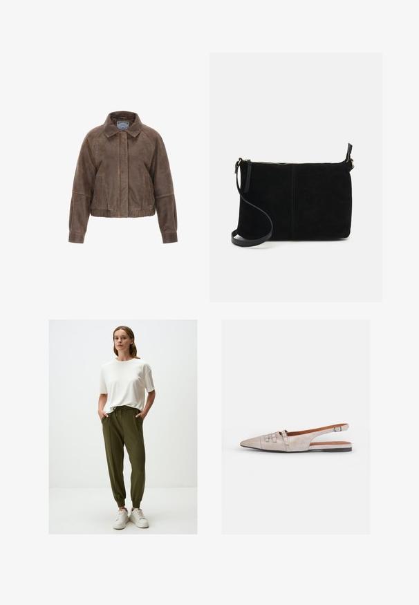 Bruine suède cropped jas met een kraag, frontzipper en zijzakken. Heeft een gestructureerd ontwerp met een gathered taille en elastische manchetten.; Witte lange mouwen blouse met knopen, kraag en gerimpelde manchetten, weergegeven tegen een effen lichtgrijze achtergrond.; Witte t-shirt met korte mouwen in combinatie met olijfgroene joggers met een trekkoord in de taille en elastische manchetten. Gemaakt met witte sneakers.; Lichtbeige slingback schoen met een spitse neus, een zachte suède textuur, voorzien van twee decoratieve gespen en een lage, platte hak.; Zwarte suède schoudertas met een ritssluiting, plat rechthoekig ontwerp en een afneembare strap voor veelzijdigheid. Gladde textuur, minimalistische stijl.