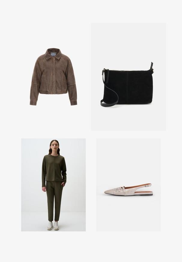 Brązowa zamszowa kurtka o kroju krótkim z kołnierzem, zamkiem błyskawicznym z przodu oraz kieszeniami bocznymi. Charakteryzuje się usztywnioną konstrukcją, a także marszczoną talią i elastycznymi mankietami.; Biała, długa koszula z długim rękawem, zapinana na guziki, z kołnierzykiem i falbaniaste mankiety, wyeksponowana na jednolitym jasnoszarym tle.; Oliwkowy, długi sweter z rękawami i przednim szwem, zestawiony z dopasowanymi spodniami. Oba wykonane z gładkiego, elastycznego materiału; dodano sneakersy.; Jasno beżowy but typu slingback z ostrym noskiem, wykonany z miękkiego zamszu, z dwoma dekoracyjnymi klamrami i niskim, płaskim obcasem.; Czarna zamszowa torebka na ramię z zamkiem błyskawicznym, płaska prostokątna konstrukcja i odpinany pasek dla większej wszechstronności. Gładka faktura, minimalistyczny styl.