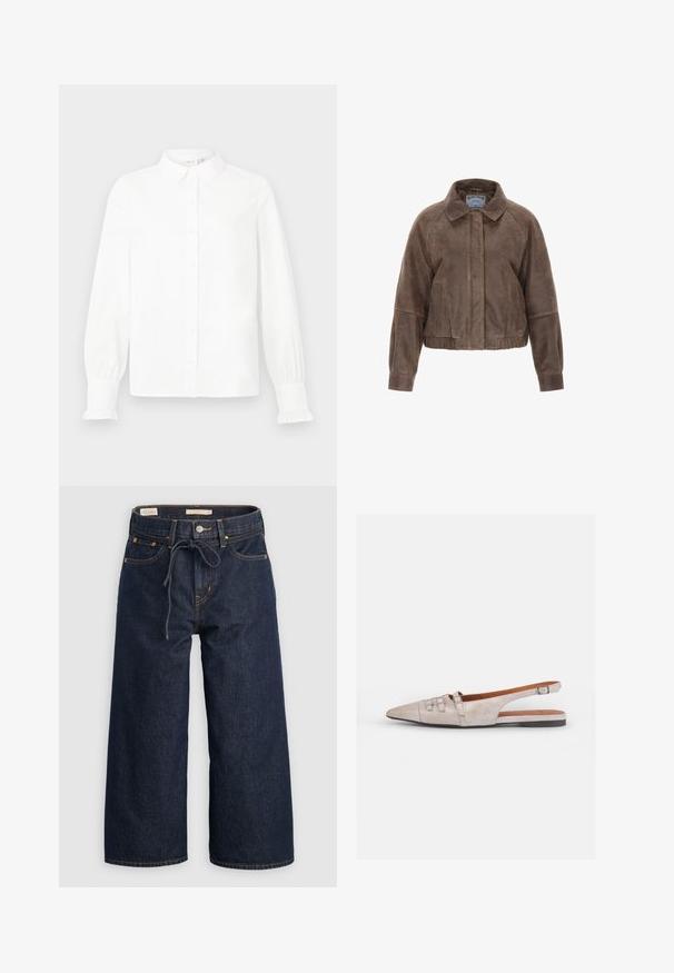 Brown suede cropped jacket with a collar, front zipper, and side pockets. Features a structured design with gathered waist and elastic cuffs.; White long-sleeve button-up shirt with collar and ruffled cuffs, displayed against a plain light gray background.; Dark blue wide-leg denim jeans with a drawstring waistband, front pockets, and contrasting orange stitching details.; Light beige slingback shoe with a pointed toe, a soft suede texture, featuring two decorative buckles and a low, flat heel.