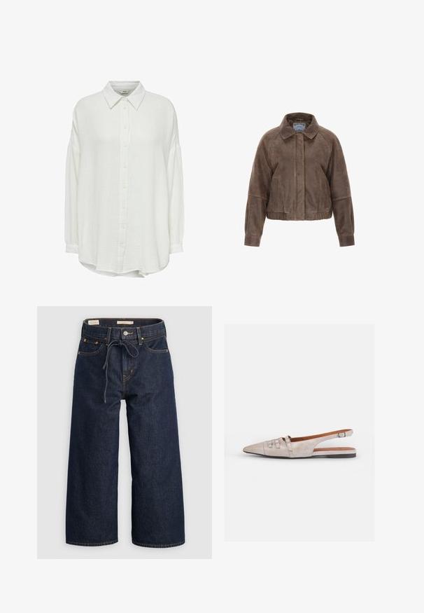 Brown suede cropped jacket with a collar, front zipper, and side pockets. Features a structured design with gathered waist and elastic cuffs.; White, crinkled button-up shirt with a collar, featuring long sleeves and a relaxed fit, textured fabric, and button closure down the front.; Dark blue wide-leg denim jeans with a drawstring waistband, front pockets, and contrasting orange stitching details.; Light beige slingback shoe with a pointed toe, a soft suede texture, featuring two decorative buckles and a low, flat heel.
