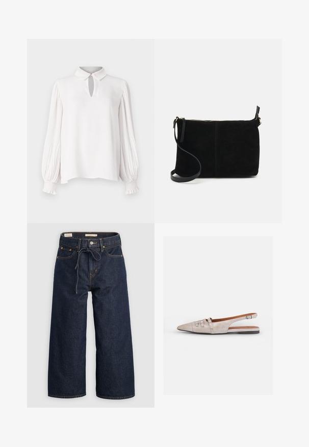 Pruun sametist lühike jakk, millel on krae, esi tõmbluku ja küljetaskud. Omab struktureeritud disaini, kogutud vöökohta ja elastseid mansette.; Valge pluus krae ja avause üksikasjaga. Pikad, volditud varrukad elastsete mansettidega. Sile tekstuur ja mugav lõige.; Tumedat sinised laiad denim püksid paelaga vööl, ees olevate taskute ja kontrastsete oranžide õmbluse detailidega.; Heledad halljalats, helebeez värv, terava ninaga, pehme sametitaaline, kaunistatud kahe dekoratiivse pandlaga ja madala, tasase kontsaga.; Must mustast kott, millel on lukuga sulgemine, lame ristkülikukujuline disain ja eemaldatav rihm mitmekesisuse jaoks. Sile tekstuur, minimalistlik stiil.