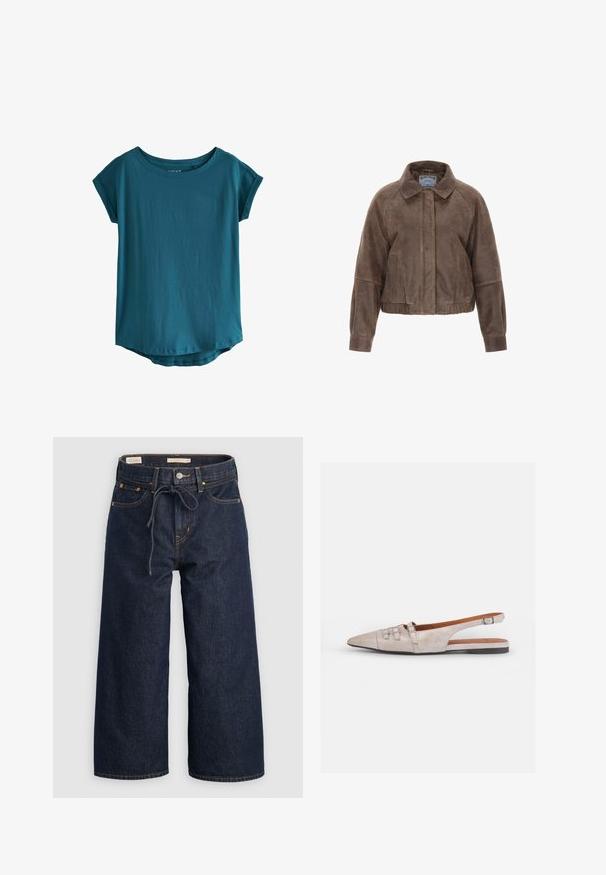 Hnedá semišová skrátená bunda s golierom, predným zipsom a bočnými vreckami. Má štruktúrovaný dizajn s riaseným pásom a elastickými manžetami.; Teal tričko s krátkym rukávom vyrobené z jemného a hladkého materiálu. Má široký okrúhly výstrih a mierne zakrivený spodný lem. Jednoduchý a bez ozdôb dizajn.; Tmavo modré džíny s širokými nohavicami, stiahnuteľným pásom, prednými vreckami a kontrastným oranžovým hurtným prešívaním.; Svetlosivá lodička so slingback dizajnom a špicatou špičkou, vyrobená z mäkkej semišovej textúry, so siedmimi dekoratívnymi prackami a nízkym plochým podpätkom.