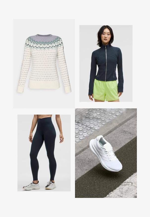 Granatowa kurtka zapinana na zamek z wysokim kołnierzem. Gładki, elastyczny materiał z zaokrąglonymi szwami i dwoma bocznymi zamkami. W połączeniu z jaskrawo limonkowymi szortami.; Sweter dziergany w kolorze kremowym z wzorem w zygzak w jasnopurpurowym i zielonym w okolicy dekoltu. Posiada małe niebieskie serduszka i ściągacze.; Legginsy w kolorze granatowym o wysokim stanie, wykonane z elastycznego materiału, charakteryzujące się gładką teksturą i dopasowanym krojem. Noszone z białymi i czarnymi butami sportowymi.; Białe sportowe buty z siateczkową cholewką, sznurowanym zapięciem i teksturowaną podeszwą. Widoczne subtelne logo i detale bezszwowej konstrukcji.