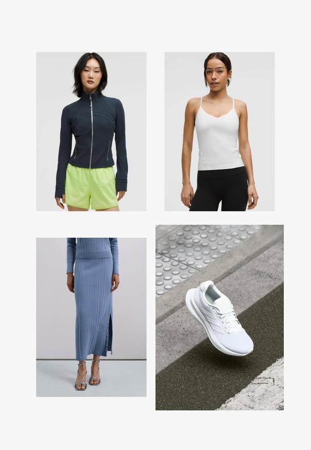 Granatowa kurtka zapinana na zamek z wysokim kołnierzem. Gładki, elastyczny materiał z zaokrąglonymi szwami i dwoma bocznymi zamkami. W połączeniu z jaskrawo limonkowymi szortami.; Biała kamizelka na cienkich ramiączkach, z dekoltem w serek i dopasowanym krojem. Gładka tekstura, minimalne detale, noszona z czarnymi legginsami.; Kobieta w niebieskiej dzianinowej spódnicy midi z bocznym rozcięciem na guziki i metalicznymi sandałami na wysokim obcasie z paskiem wokół kostki, na jednolitym tle.; Białe sportowe buty z siateczkową cholewką, sznurowanym zapięciem i teksturowaną podeszwą. Widoczne subtelne logo i detale bezszwowej konstrukcji.