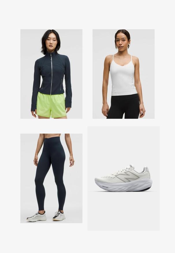 Marinblå zip-up jacka med hög krage. Slät, elastisk tyg med böjda sömmar och två sidodragkedjor. Tillsammans med klara limegröna shorts.; Vit linne med tunna axelband, v-ringad design och figurnära silhuett. Slät textur, minimal detaljer, bärs med svarta leggings.; Höga marinblå leggings tillverkade av stretchy tyg, med en mjuk yta och en åtsittande design. Bärs med vita och svarta sportskor.; Vita sportskor i vitt med ovandel i mesh, utrustade med en vadderad krage, texturerad sula och "Fresh Foam"-logotyp på mellansulan.