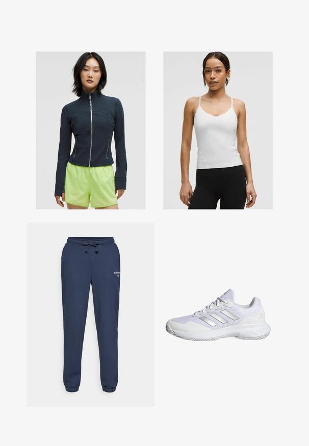 Námornícky zapínací sveter s vysokým golierom. Hladká, elastická tkanina s oblými švami a dvoma bočnými zipsami. V kombinácii s jasne limetkovými šortkami.; Biely top s tenkými ramienkami, dizajnom do V, a priliehavým strihom. Hladká textúra, minimálne detaily, nosený s čiernymi legínami.; Námornícky modré tepláky vyrobené z bavlnenej zmesi, s elastickým pásom a šnúrkou na stiahnutie, a elastickými manžetami na členkoch. Na boku potlačené logo.; Biele atletické tenisky s priedušnou sieťovinou, textúrovanými panelmi a striebornými akcentmi. Majú odpruženú podrážku a guľatý špičkový dizajn.