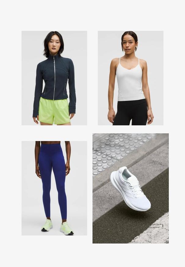 Marineblauwe zip-up jas met een hoge kraag. Glad, rekbaar materiaal met gebogen naden en twee zijritsen. Gecombineerd met fel limoen groene shorts.; Witte cami-top met dunne bandjes, v-hals ontwerp en aansluitende silhouet. Gladde textuur, minimale details, gedragen met zwarte leggings.; Persoon in hoge donkerblauwe leggings en off-white hardloopschoenen met neon groene accenten, staand tegen een effen lichte achtergrond.; Witte sportschoen met een bovenwerk van mesh, vetersluiting en een textuurrijke zool. Subtiele branding en naadloze constructiedetails zichtbaar.