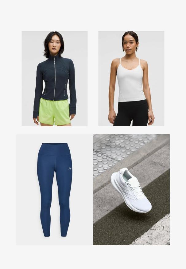 Navy vetoketjulla varustettu takki, jossa on korkea kaulus. Suuri, joustava kangas, jossa on kaarevat saumat ja kaksi sivuvetoketjua. Yhdistetty kirkkaan limevihreisiin shortsit.; Valkoinen toppi ohuilla olkaimilla, V-pääntiellä ja istuvalla siluetilla. Sileä pinta, minimaalinen yksityiskohtaisuus, käytetään mustien legginsien kanssa.; Vaalinsinisiä urheiluleggingeitä, jotka on valmistettu venyvästä kankaasta. Niissä on korkea vyötärö, sileä pinta ja pieni heijastava logo sivussa.; Valkoiset urheilukengät, joissa on verkkopinta, nauhakiinnitys ja teksturoitu pohja. Huomaamaton brändäys ja saumatonta rakennetta korostavat yksityiskohdat.