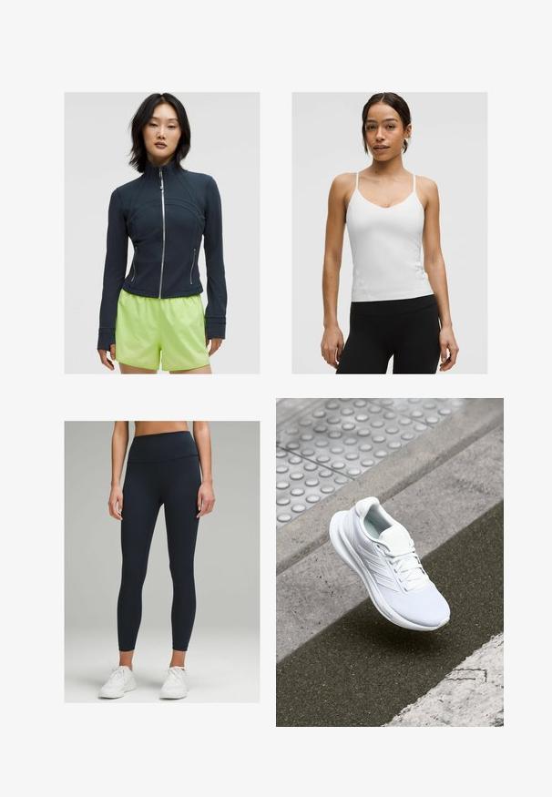 Marineblaues Zip-Jackett mit hohem Kragen. Glattes, dehnbares Material mit geschwungenen Nähten und zwei seitlichen Reißverschlüssen. Kombiniert mit leuchtend limettengrünen Shorts.; Weißes Camisole-Top mit dünnen Trägern, V-Ausschnitt und figurbetonter Silhouette. Glatte Textur, minimalistische Details, kombiniert mit schwarzen Leggings.; Hochtaillierte, enganliegende Leggings in Dunkelblau, aus dehnbarem Material hergestellt. Verfügt über eine glatte Textur und keine sichtbaren Muster oder Akzente.; Weiße Sportschuhe mit einem Obermaterial aus Mesh, Schnürdesign und strukturiertem Sohlen. Dezente Branding- und nahtlose Konstruktionsdetails sichtbar.