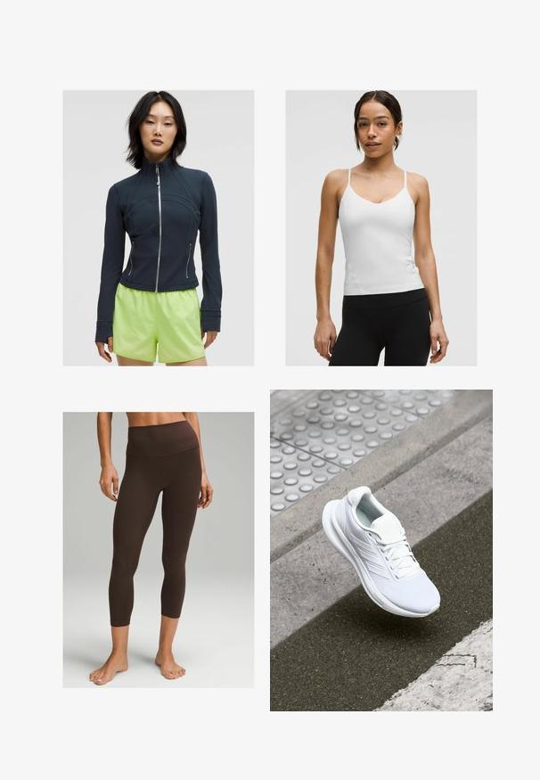 Marineblaues Zip-Jackett mit hohem Kragen. Glattes, dehnbares Material mit geschwungenen Nähten und zwei seitlichen Reißverschlüssen. Kombiniert mit leuchtend limettengrünen Shorts.; Weißes Camisole-Top mit dünnen Trägern, V-Ausschnitt und figurbetonter Silhouette. Glatte Textur, minimalistische Details, kombiniert mit schwarzen Leggings.; lululemon Align™ High-Rise Crop 58" - Tights - espresso; Weiße Sportschuhe mit einem Obermaterial aus Mesh, Schnürdesign und strukturiertem Sohlen. Dezente Branding- und nahtlose Konstruktionsdetails sichtbar.