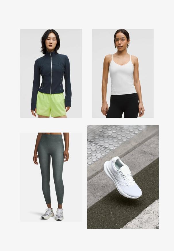 Tumed zip-up jakk, millel on kõrge krae. Sile ja veniv kangas, millel on kummargused õmblused ja kaks külgzipperit. Ühendatud erksa laimirohelise lühikeste pükstega.; Valge kampsun peenikeste rihmadega, V-kujuline kaelus ja keha lähedane siluett. Sile tekstuur, minimaalne detailitus, kanda mustade retuusidega.; Kõrge vöökohaga leggingsid tuhmroheline värv, valmistatud siledast ja venivast materjalist, külgõmbluste ja kehakujundusega.; Valge sportlik king, millel on pehme võrkkangast pealis, nööriga kinnitus ja tekstureeritud tallad. Õrnad brändimistooted ja sujuvad konstruktsioonid on nähtavad.