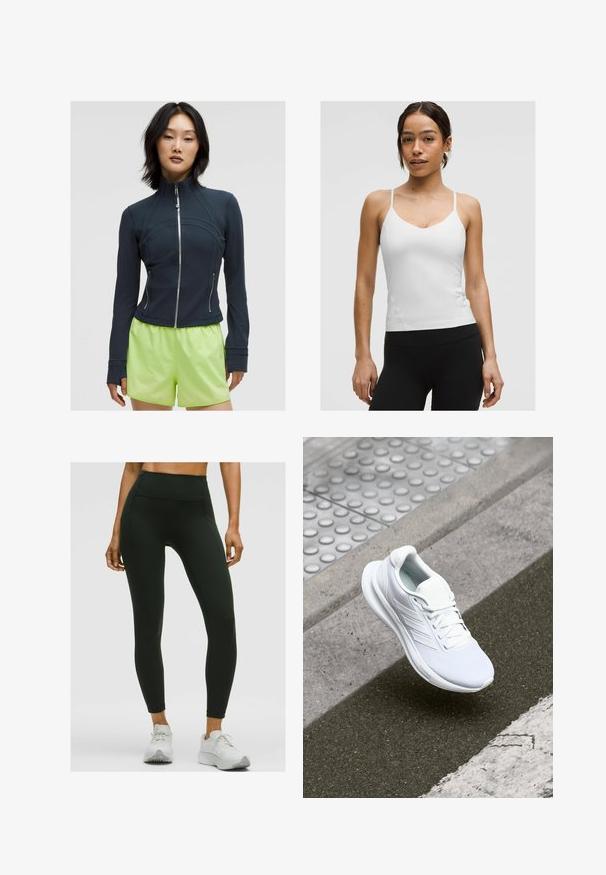 Tamsiai mėlynas zip-up džemperis su aukštu apykakle. Lygus, tamprus audinys su išlenktomis siūlėmis ir dviem šoniniais užtrauktukais. Derinamas su ryškiais limeto žalios spalvos šortais.; Balta kamščių palaidinė su plonais petnešomis, V formos iškirpte ir prigludusia siluetu. Lygus tekstūra, minimalus detalizavimas, dėvima su juodomis tampriomis kelnių.; Aukštos juosmens juodos legginsai, pagaminti iš tamprios medžiagos, su lygiu paviršiumi ir šoninėmis kišenėmis. Su baltais sportiniais bateliais.; Baltas sportinis batelis su tinklinio audiniu, raišteliais ir tekstūruotu padu. Diskretiška prekės ženklų simbolika ir be siūlių konstrukcijos detalės matomos.