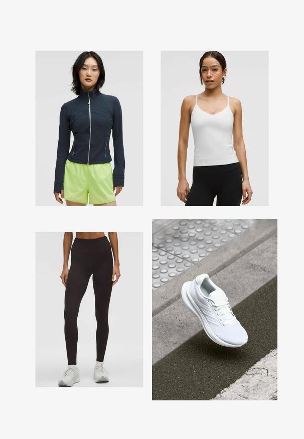 Navy zip-up jacket with a high collar. Smooth, stretchy fabric with curved seams and two side zippers. Paired with bright lime green shorts.; White camisole top with thin straps, v-neck design, and fitted silhouette. Smooth texture, minimal detailing, worn with black leggings.; High-waisted black leggings made from stretchy fabric, featuring a smooth texture and a fitted design. Paired with white athletic shoes.; White athletic shoe featuring a mesh upper, lace-up design, and textured sole. Subtle branding and seamless construction details visible.