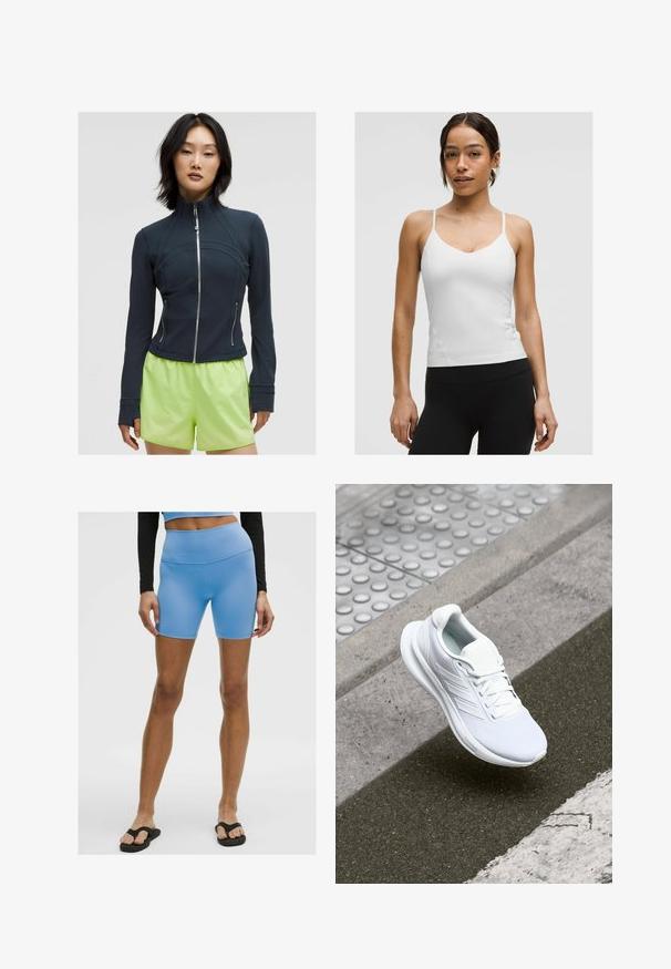 Marineblå zip-up jakke med høj krave. Glat, strækbart stof med buede sømme og to sidelommer med lynlås. Kombineret med lyse limegrønne shorts.; Hvid camisole-top med tynde stropper, V-hals design og tætsiddende silhuet. Glat tekstur, minimal detaljer, iført sorte leggins.; Lyseblå sportsshorts lavet af glat, strækbart materiale. Har høj talje og en tætsiddende pasform, kombineret med sorte flip-flops.; Hvide sportsko med overdel i netmateriale, snørebåndsdesign og struktureret sål. Subtile branding og sømløse konstruktionsdetaljer er synlige.