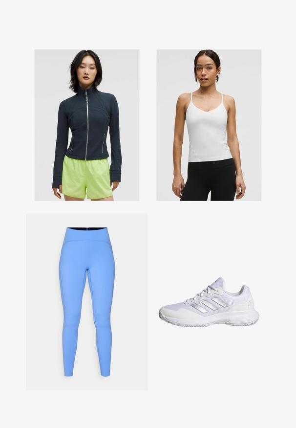 Mornarska zip-up jakna z visokim ovratnikom. Gladek, raztegljiv material s ukrivljenimi šivi in dvema stranskima zadrgama. Ujemajoča svetla limonasto zelena kratka hlača.; Bela majica brez rokavov s tankimi naramnicami, oblikovana v V-izrezu, s prilegnjeno silhueto. Gladka tekstura, minimalne podrobnosti, nosi se z črnimi legicami.; Modre legice iz elastičnega blaga z visokim pasom, gladko teksturo in kontrastnimi šivi po straneh.; Bela športna obutev z mrežastim zgornjim delom, teksturiranimi ploščami in srebrnimi detajli. Ima oblazinjen podplat in zasnovo okroglega kažiputa.