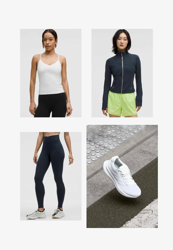 Chaqueta de navy con cremallera y cuello alto. Tejido suave y elástico con costuras curvas y dos cremalleras laterales. Combinada con pantalones cortos de un brillante color verde lima.; Camiseta blanca sin mangas con tirantes finos, diseño de escote en V y silueta ajustada. Textura suave, detalles mínimos, combinada con leggings negros.; Leggings de talle alto en color navy, fabricados con una tela elástica, que presentan una textura suave y un diseño ajustado. Llevados con zapatillas deportivas blancas y negras.; Zapatilla deportiva blanca con parte superior de malla, diseño de cordones y suela texturizada. Branding sutil y detalles de construcción sin costuras visibles.
