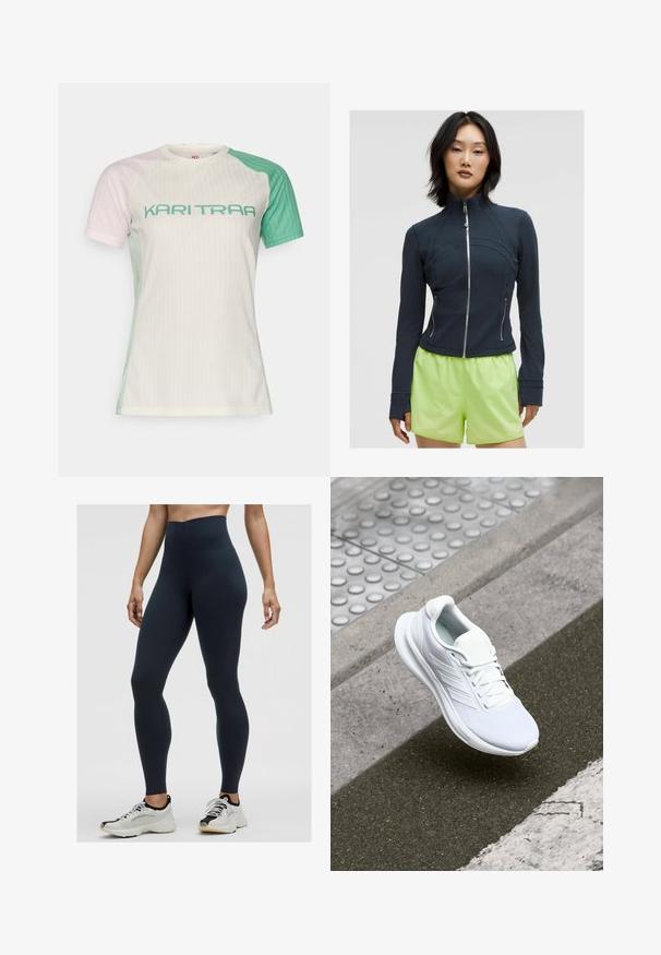 Tumed zip-up jakk, millel on kõrge krae. Sile ja veniv kangas, millel on kummargused õmblused ja kaks külgzipperit. Ühendatud erksa laimirohelise lühikeste pükstega.; Lühikeste varrukatega sportlik särk ribakujulise tekstuuriga. Värvid hõlmavad heledat roosa, roheline ja valge. Omab silmatorkavat "KARI TRAA" kirjapilti teal värvusega.; Kõrgema vöökohaga tumesinised legginsid, mis on valmistatud venivast kangast, omavad siledat tekstuuri ja liibuvat disaini. Kantud valgete ja mustade spordijalatsitega.; Valge sportlik king, millel on pehme võrkkangast pealis, nööriga kinnitus ja tekstureeritud tallad. Õrnad brändimistooted ja sujuvad konstruktsioonid on nähtavad.