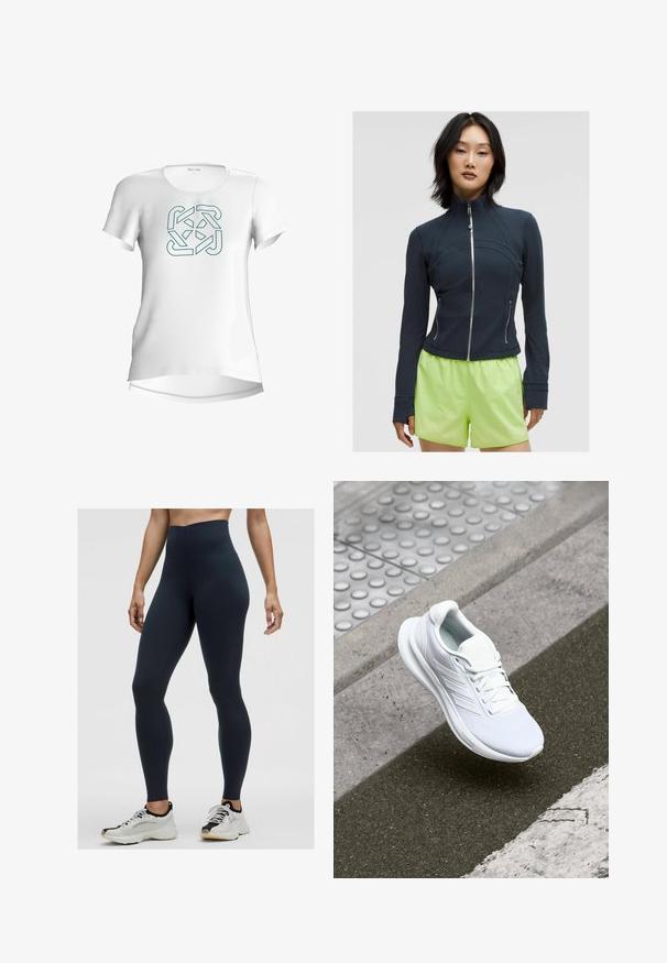 Marineblaues Zip-Jackett mit hohem Kragen. Glattes, dehnbares Material mit geschwungenen Nähten und zwei seitlichen Reißverschlüssen. Kombiniert mit leuchtend limettengrünen Shorts.; Weißes T-Shirt mit kurzen Ärmeln, das ein türkisfarbenes geometrisches Logo-Design in der Mitte zeigt. Glattes Material mit einem runden Halsausschnitt und abgerundetem Saum.; Hochbundige marineblaue Leggings aus dehnbarem Stoff, mit einer glatten Textur und einer enganliegenden Passform. Kombiniert mit weißen und schwarzen Sportschuhen.; Weiße Sportschuhe mit einem Obermaterial aus Mesh, Schnürdesign und strukturiertem Sohlen. Dezente Branding- und nahtlose Konstruktionsdetails sichtbar.