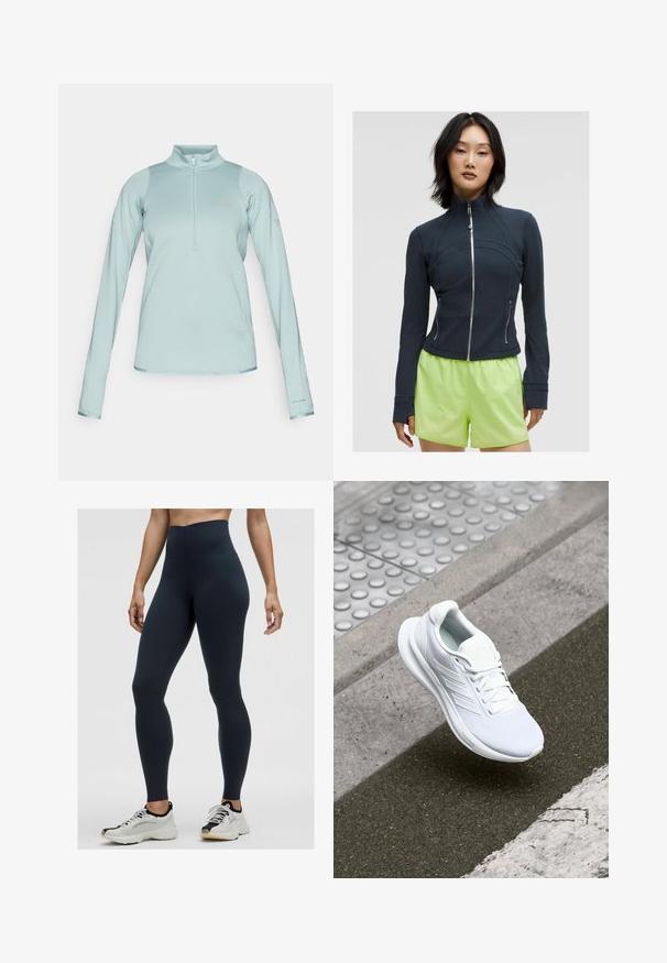 Tamsiai mėlynas zip-up džemperis su aukštu apykakle. Lygus, tamprus audinys su išlenktomis siūlėmis ir dviem šoniniais užtrauktukais. Derinamas su ryškiais limeto žalios spalvos šortais.; Šviesiai mėlynas ilgas rankovėmis pūstas megztinis su pusiau užtrauktuku priekyje, tekstūruota medžiaga, sklandžios detalės ir "Columbia" logotipas ant krūtinės ir rankovės.; Aukštos juosmens tamsiai mėlynos leggingos, pagamintos iš tamprios medžiagos, su lygiu paviršiumi ir prigludusia forma. Dėvimos kartu su baltomis ir juodomis sportinėmis bateliais.; Baltas sportinis batelis su tinklinio audiniu, raišteliais ir tekstūruotu padu. Diskretiška prekės ženklų simbolika ir be siūlių konstrukcijos detalės matomos.