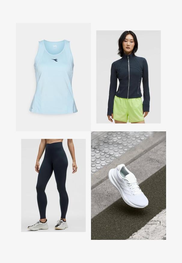 Námornícky zapínací sveter s vysokým golierom. Hladká, elastická tkanina s oblými švami a dvoma bočnými zipsami. V kombinácii s jasne limetkovými šortkami.; Svetlomodrý športový tielko vyrobené z hladkej látky, s okrúhlym výstrihom a tmavomodrým logom na hrudi.; Vysoké modré legíny z pružného materiálu, s hladkou textúrou a priliehavým strihom. Nosené s bielymi a čiernymi športovými topánkami.; Biele športové topánky s vrchnou časťou z sieťoviny, šnurovacia konštrukcia a textúrovaná podrážka. Zosilnené značkovanie a čisté detaily konštrukcie sú viditeľné.