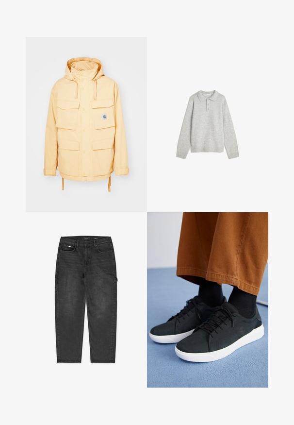 Veste imperméable jaune avec capuche, plusieurs poches avant, fermetures à pression et ourlet à cordon. Fabriquée en tissu durable.; Pull en tricot gris avec un col montant, trois boutons à l'avant et un ourlet côtelé. Le tissu semble doux et texturé, avec une coupe décontractée.; Pantalon cargo en denim noir avec une coupe relaxée, des coutures visibles, des poches avant et latérales, et une boucle sur la cuisse pour utilitaire.; Baskets en suede noir avec semelles en caoutchouc blanc, présentant un design à lacets, des accents texturés et une branding discrète, associées à un pantalon marron.