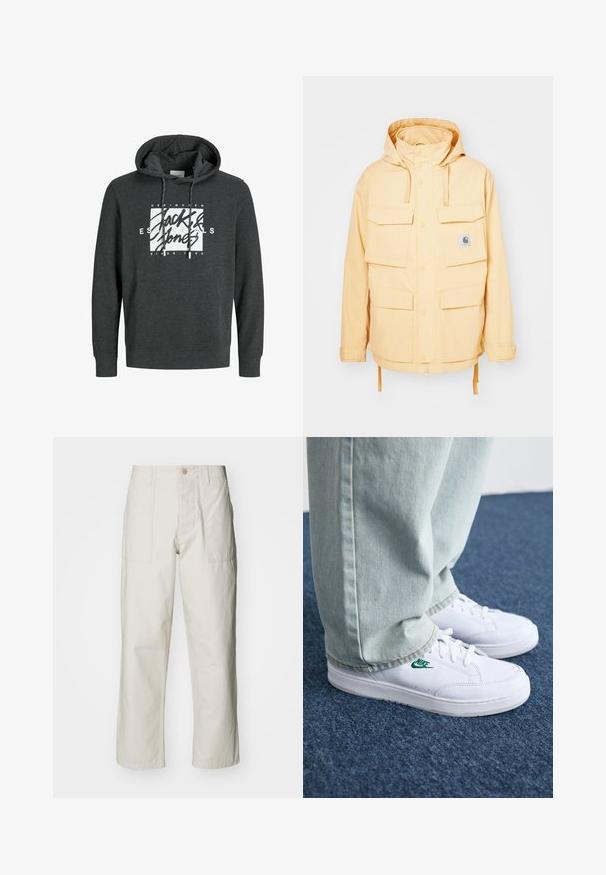 Gelbe wasserdichte Jacke mit Kapuze, mehreren Fronttaschen, Druckknopfverschluss und einem Kordelzugsaum. Hergestellt aus strapazierfähigem Material.; Dunkelgrauer Hoodie aus weichem Material, mit einer Fronttasche, Kapuze mit Kordelzug und einem großen weißen Grafiklogo auf der Brust.; Helle beige weit geschnittene Hose aus Baumwolle. Verfügt über Fronttaschen und einen Knopfverschluss. Glatte Textur mit dezenten vertikalen Streifen.; Weiße Leder-Sneaker mit grünem Nike-Logo, runde Zehenpartie, flache Sohle, kombiniert mit hellblauen Jeans, präsentiert auf einem blauen Teppich.