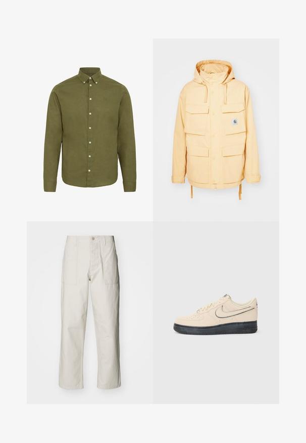 Geel waterdichte jas met een capuchon, meerdere voorkasten, drukknoopsluitingen en een trekkoord aan de onderkant. Gemaakt van duurzame stof.; Olijfgroene lange mouw shirt met een button-down kraag, voorpaneel en witte knopen. Bevat een subtiele textuur in de stof en borduurdetails.; Lichtbeige wijde broek van katoen. Voorzien van steekzakken en een knoopsluiting. Glad textuur met subtiele verticale lijnen.; Beige suède Nike Air Force 1 sneaker met een zwarte rubberen zool, gestikte accenten, geperforeerde neus en een prominent swoosh-logo.
