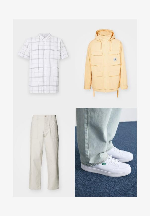 Giacca impermeabile gialla con cappuccio, multiple tasche frontali, chiusure a scatto e orlo con cordino. Realizzata in tessuto resistente.; Camicia a maniche corte con bottoni in tessuto bianco con motivo a griglia nera; presenta colletto, taschino e superficie testurizzata.; Pantaloni a gamba larga beige chiaro in cotone. Presentano tasche frontali e chiusura con bottone. Tessuto liscio con sottili linee verticali.; Sneakers in pelle bianca con logo Nike verde, punta rotonda, suola piatta, abbinati a pantaloni in denim azzurro, mostrati su un tappeto blu.