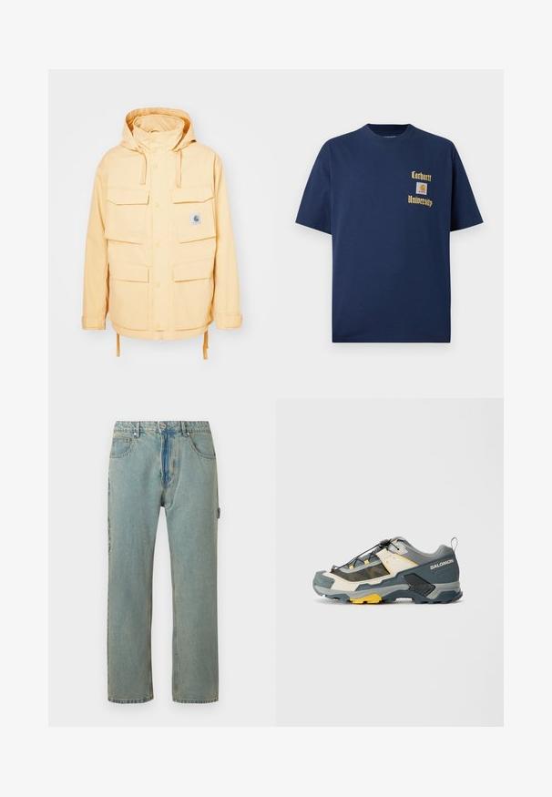 Gul vanntett jakke med hette, flere frontlommer, trykknapper og snor i kanten. Laget av slitesterkt stoff.; Mørk blå bomull t-skjorte med korte ermer, med gulltekst "Carhartt University" og et logo-patch på venstre bryst.; Lyseblå, løst sittende denimjeans med fem lommer, knappelukking og synlig søm. Stoffet har et falmet, teksturert utseende.; Fottur i grå og kremfarge med gule detaljer. Har en teksturert overdel, robust såle og hurtiglisseystem for sikker passform.