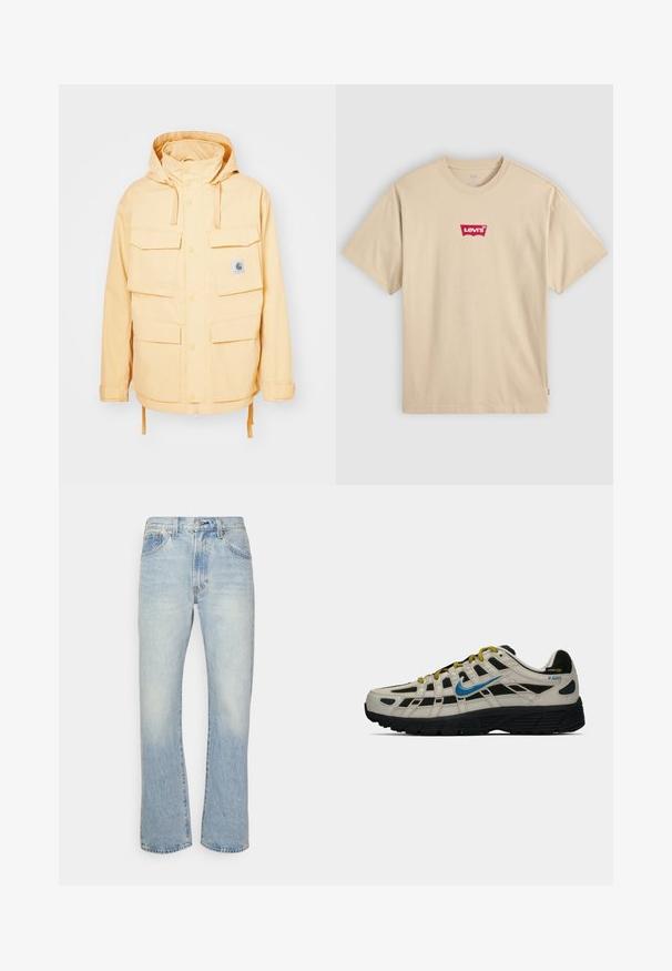 Rumena vodoodporna jakna s kapuco, več sprednjih žepov, nastavljivimi zapenjali in svetlobnim robom. Narejena iz trpežnega materiala.; Bežna bombažna majica s krojem okroglega vratu in kratkimi rokavi. Ima rdeč Levi's logo na prsih. Preprosta, klasična oblika.; Svijetloplave traperice visokog struka ravnog kroja, izrađene od denima, s izbleđenim dijelovima, dizajnom s pet džepova i kopčanjem na gumb.; Bež in črne Nike P-6000 superge z modrim logotipom, rumenimi vezalkami, črnim podplatom in oznako iz Cordura tkanine na peti.