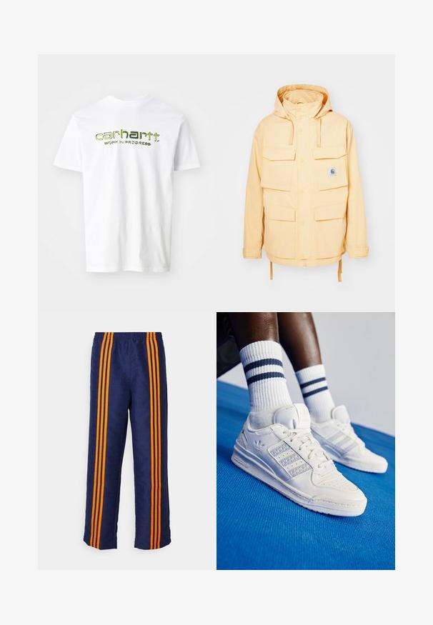 Giacca impermeabile gialla con cappuccio, multiple tasche frontali, chiusure a scatto e orlo con cordino. Realizzata in tessuto resistente.; T-shirt bianca in cotone con il testo stampato in verde "carhartt. WORK IN PROGRESS" sulla parte anteriore. Maniche corte e design classico a girocollo.; Pantaloni da track blu con un motivo a stampa totale e strisce arancioni sui lati, dotati di una cintura elastica comoda e una vestibilità ampia.; Sneaker bianchi in pelle con dettagli perforati, tre strisce metalliche e un pannello laterale testurizzato. Indossati con calzini bianchi con strisce blu.