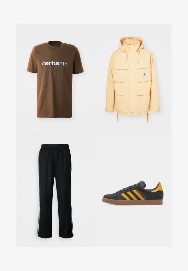 Geel waterdichte jas met een capuchon, meerdere voorkasten, drukknoopsluitingen en een trekkoord aan de onderkant. Gemaakt van duurzame stof.; Bruine katoenen t-shirt met korte mouwen, met het witte "carhartt" logo gedrukt over de borst. Standaard ronde halsontwerp.; Zwarte sportbroeken met een elastische tailleband, voorzien van witte zijkanten en een klein logo. Het materiaal lijkt zacht en lichtgewicht te zijn.; Zwarte suède sneakers met gele accenten, voorzien van drie strepen en een bruine rubberen zool. Inclusief een gevoerde tong voor comfort.