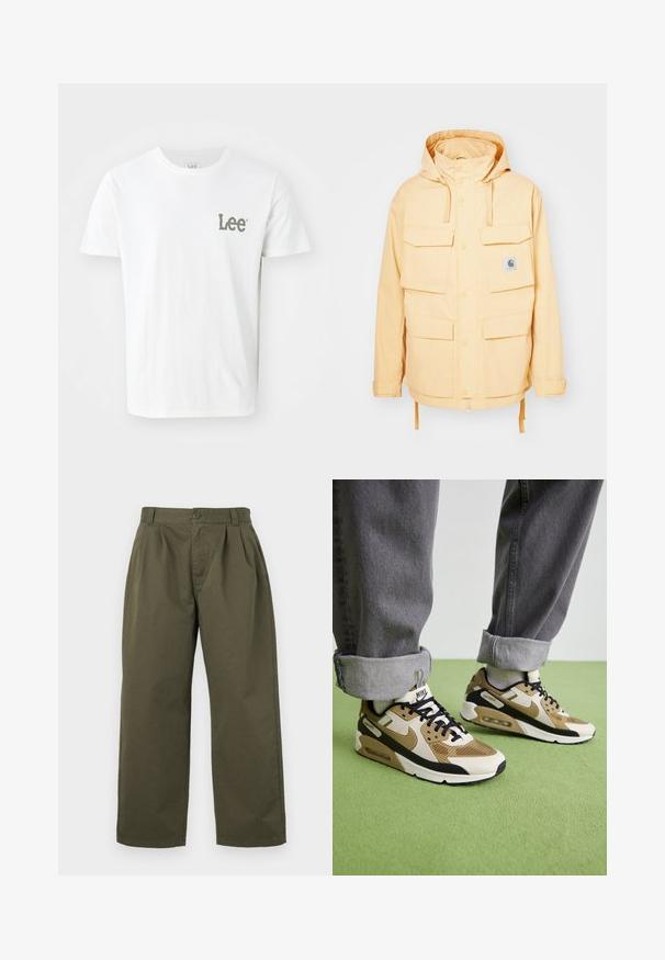 Rumena vodoodporna jakna s kapuco, več sprednjih žepov, nastavljivimi zapenjali in svetlobnim robom. Narejena iz trpežnega materiala.; Bela bombažna majica s kratkimi rokavi, ki na levem prsnem delu nosi majhen zelen logotip "Lee". Klasičen kroj s okroglo vratno izrezom, gladka tekstura.; Olivno zelene bombažne hlače s ravnim krojem, sprednjimi gubami in gumbom za zapiranje v pasu. Brez vidnih žepov.; Nike Air Max 90 športni copati v bež in črni barvi, s kombinacijo mrežnih in usnjenih materialov, vidno blaženje in črne vezalke.
