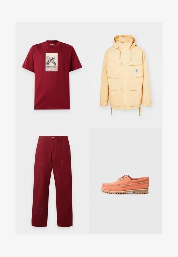 Geel waterdichte jas met een capuchon, meerdere voorkasten, drukknoopsluitingen en een trekkoord aan de onderkant. Gemaakt van duurzame stof.; Bordeaux katoenen T-shirt met een zwart-wit grafische print van speelse honden en de tekst "All Work And No Play" eronder. Korte mouwen.; Bordeaux katoenen broek met een rechte snit, voorzien van twee ondiepe zakken aan de voorkant, zilveren hardware en accenten op de knieën. Soepele textuur, middellange gewicht.; Oranje leren bootschoen met een moccasin-achtig ontwerp, ronde neus, bruine veters en een rubberen zool met trekgroeven.