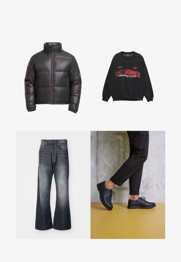 Zwarte gewatteerde winterjas met hoge kraag, volledige ritssluiting aan de voorkant, lange mouwen en elastische manchetten.; Zwarte sweatshirt met een ronde hals en lange mouwen. De voorkant toont rode en witte grafische tekst: "RACE WINNER" en "eenennegentig."; Weekday TIME LOOSE BOOTCUT - Straight leg jeans - ash black; Zwart leren veterschoenen met een ronde neus, gestructureerd oppervlak en dikke rubberen zool. Gekocht met opgerolde zwarte broeken tegen een betonnen achtergrond.