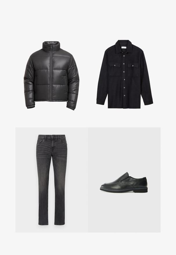 Chaqueta de invierno acolchada negra con cuello alto, cremallera frontal completa, mangas largas y puños elásticos.; Chaqueta de camisa de lana negra con cuello, cierre frontal de botones, dos bolsillos en el pecho y mangas largas. Textura suave, sin patrones visibles.; Jeans de mezclilla gris con un diseño de pierna recta, estilo de cinco bolsillos y un sutil desgastado en la parte frontal. Presenta un cierre de botón y pasadores para cinturón.; Zapato negro de cuero sin cordones con un upper suave, detalles de costura, punta redonda y un bajo tacón de goma. La suela presenta una tracción mínima.
