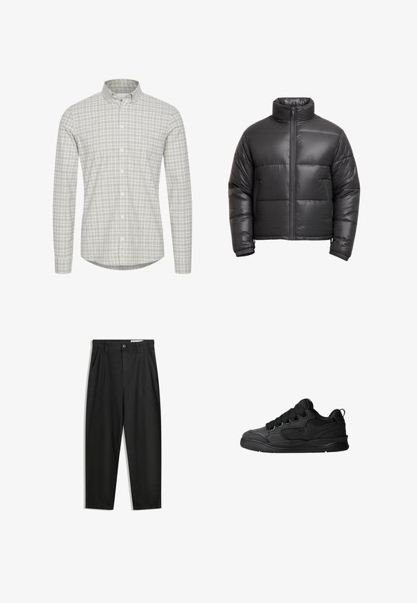 Schwarze gepolsterte Winterjacke mit hohem Kragen, durchgehendem Reißverschluss, langen Ärmeln und elastischen Bündchen.; Weißes Hemd mit Knöpfen und einem hellgrauen und dunkelgrauen Karomuster, mit langen Ärmeln und klassischem Kragendesign.; Schwarze Baumwollhose mit lockerem Schnitt, ausgestattet mit einem klassischen Bund, vorderen Falten und Seiten taschen. Glatte Textur ohne Muster.; Schwarze Sneaker mit strukturiertem Obermaterial, ausgestattet mit Schnürsenkeln, Mesh-Akzenten für Atmungsaktivität, gepolstertem Kragen und einer stabilen Laufsohle.