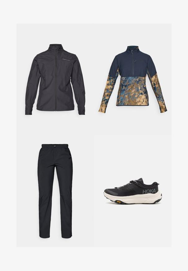 Must fin džakk musta värviga, millel on kõrge krae, täispikad tõmblukud, elastsed mansetid ja logo vasakul rinnal. Sile tekstuur.; Pooldiga fleecest pool-zipperiga, tume sinine ülemine osa ja krae, sinise ja beeži marmorviimistlusega muster varrukatel ja alumisel kehal.; Must töötlusteid, mustad, kergekaalulised, veekindlad püksid elastse vöökohtaga ja kahe küljetaskuga; sile tekstuur; sirge jala disain.; Mustad mustadused spordijalatsid, millel on hingav võrkkangast pealmine osa, kummist välistald, valge pehmendusega vaheosa ja peegeldavad nöörid. Vibrami logo välistalla peal.