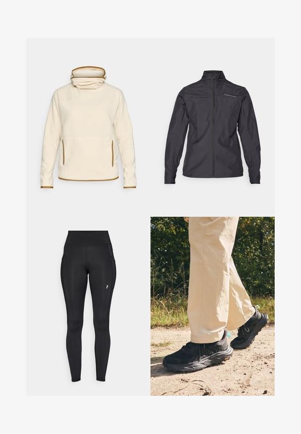 Μαύρο ελαφρύ μπουφάν με ψηλό γιακά, πλήρη μπροστινό φερμουάρ, ελαστικούς καρπούς και λογότυπο στην αριστερή περιοχή του στήθους. Απαλή υφή.; Κρεμ φλις πουλόβερ με ψηλό γιακά, με καφέ λεπτομέρειες στον γιακά και στις μανσέτες, καθώς και πλαϊνές τσέπες για αποθήκευση.; Μαύρες κολάν πλήρους μήκους από ελαστικό υλικό, με ψηλή μέση, πλευρικές τσέπες και μικρό λογότυπο στο αριστερό μηρό.; Μαύρα ορειβατικά sneakers με υφή στο πάνω μέρος, σχέδιο με κορδόνια και παχύ σόλα με το λογότυπο Vibram. Φορεμένα με ανοιχτόχρωμο παντελόνι.