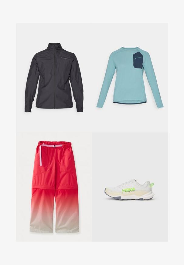 Fekete, könnyű dzseki magas gallérral, teljes hosszúságú cipzárral, rugalmas mandzsettákkal és logóval a bal mellrészen. Simás textúra.; Hosszú ujjú póló világoskék texturált anyagból. Navy kék zsebbel rendelkezik, amelyen márkajelzés található. Kerek nyakú és ívelt hem kialakítás.; Piros árnyalatú nadrág, rugalmas derékkal és állítható rózsaszín övvel. Két oldalsó zsebbel rendelkezik, és sima, vízlepergető textúrájú.; Fehér sportcipő textúrázott felsőrésszel, zöld "HOKA" logóval és szürke talppal. Párnázott bokapánttal és könnyű kialakítással rendelkezik.