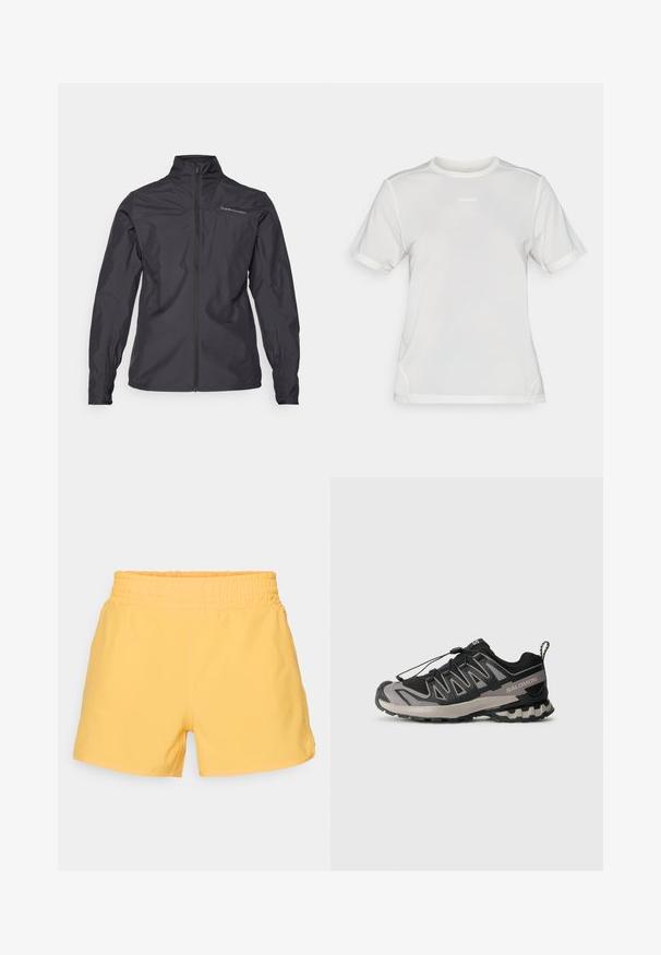 Čierna ľahká bunda s vysokým golierom, plným predným zipsom, elastickými manžetami a logom na ľavej strane hrude. Hladká textúra.; Biela športová sieťovina s krátkym rukávom a okrúhlym výstrihom s malým logom "Salomon" umiestneným v strede hrudníka.; Žlté šortky s elastickým pásom, hladkým povrchom a uvoľneným strihom, s minimalistickým dizajnom. Neexistujú žiadne viditeľné vrecká ani ozdoby.; Čierna a sivá atletická obuv s hornou časťou z mäkkého materiálu, gumovou podrážkou a elastickým šnúrkovým systémom. Obsahuje spevnenú špičku a textúrované akcenty.