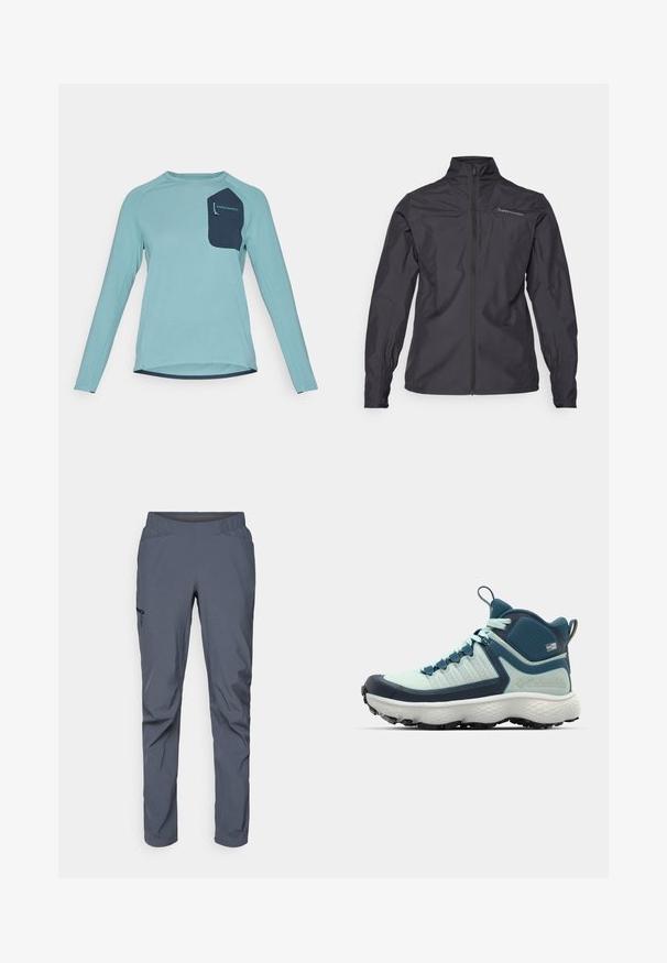 Jachetă ușoară neagră cu un guler înalt, fermoar pe toată lungimea frontală, manșete elastice și un logo pe partea stângă a pieptului. Textură netedă.; Cămașă cu mânecă lungă dintr-un material texturat de culoare albastru deschis. Dispune de un buzunar bleumarin cu branding. De asemenea, are un guler rotund și un design cu margine curbă.; Pantaloni de performanță gri cu un tiv elastic, două buzunare frontale și un buzunar lateral cu fermoar. Textură netedă și potrivire conică.; Pantofii de drumeție pentru bărbați, într-o nuanță de teal deschis și navy. Au un suprafață texturată, o capacă de vârf din cauciuc modelat și o talpă agresivă pentru tracțiune.