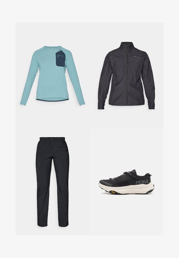 Musta kevyt takki, jossa on korkea kaulus, kokonainen vetoketju edessä, joustavat hihansuut ja logo vasemmassa rintataskussa. Sileä pinta.; Pitkähihaisen paidan vaaleansininen teksturoitu kangas. Sisältää sinisen taskun, jossa on brändiluettelo. Pyöreä pääntie ja kaarevan helman muotoilu.; Mustat, kevyet, vettähylkivät housut, joissa on joustava vyötärö ja kaksi sivutaskua; sileä pinta; suora lahjeturkki.; Musta urheilujalkine, jossa on hengittävä verkkomateriaali, kumipohja, valkoinen vaimennusrakenne ja heijastavat nauhat. Vibram-logo pohjassa.