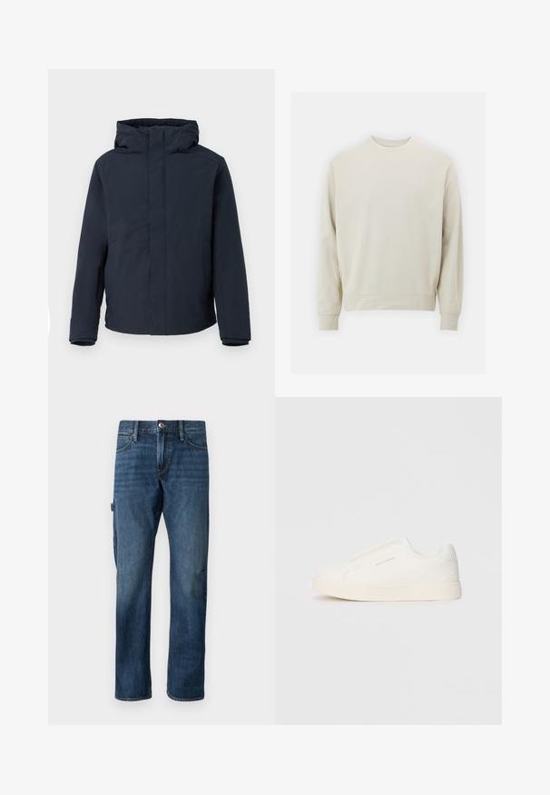 Veste imperméable bleu marine avec capuche, à coupe droite, manches longues et design minimaliste sans fermetures ni motifs visibles.; Sweatshirt beige clair en tissu doux avec un col rond, des manches longues et des poignets et un ourlet côtelés. Design minimaliste, sans motifs visibles.; Jeans en denim bleu foncé avec un design à jambe droite, poches avant et une poche cargo sur le côté. Présente des accents de couture et une fermeture par bouton.; Baskets blanches sans lacets avec une surface texturée, une semelle épaisse et un design minimaliste. Présente le logo de la marque sur le côté.