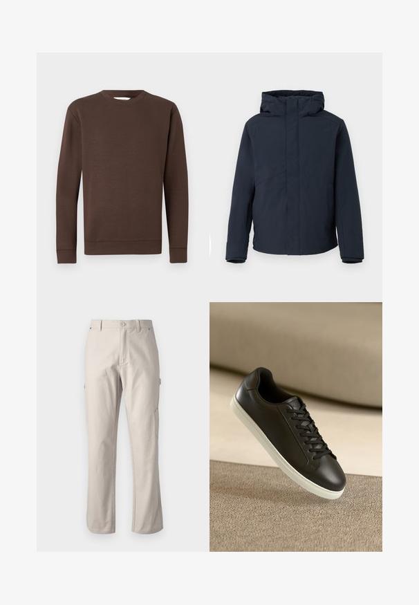 Tums zila ūdensnecaurlaidīga jaka ar kapuci, kas raksturojas ar taisnu griezumu, garām piedurknēm un minimālistisku dizainu bez redzamām aizdaru detaļām vai rakstiem.; Brūns sudraba džemperis no mīksta materiāla ar apaļu kakla izgriezumu, garām piedurknēm un ribotām aprocēm. Minimālistisks dizains bez redzamām rakstām.; Bežīgas kravas bikses, izgatavotas no izturīgas kokvilnas, ar taisnām kājām, priekšējo pogu aizdari un sānu kabatām praktiskai lietošanai. Gluda tekstūra ar smalku šuvumu.; Melnas ādas sporta kurpes ar baltu gumijas zoli un melnām auklām, novietotas uz bēša auduma virsmas un fona.