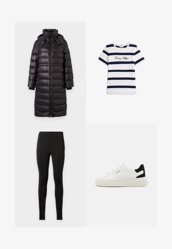 Lång svart vadderad pufferjacka med hög krage, framdragkedja, sidofickor med dragkedja och avtagbar huva, designad för kallt väder.; T-shirt i bomull med horisontella marinblå ränder på vit bakgrund. "Tommy Hilfiger" broderat i kursiv på bröstet. Rund halsringning.; Svarta tights i elastiskt tyg med en slät yta, hög midja, och vertikal sömdekoration längs benen.; Vita lädersneakers med en tjock vit sula, svartsuede hälaccent och präglad logotyp på sidan. Snörningsdesign med sex öglor.