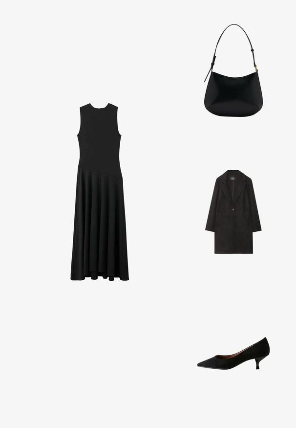 Černý vlněný kabát s klopovým límcem, zapínáním na jeden knoflík a dvěma předními kapsami. Rovný střih s dlouhými rukávy.; Černé maxi šaty bez rukávů s přiléhavým vrškem a rozšířenou sukní, které mají hladkou texturu a minimalistický design, bez viditelných zapínání.; Černé semišové lodičky s špičatou špičkou, nízkým jehlovým podpatkem, hladkým povrchem a minimalistickým designem, vhodné pro formální nebo profesionální nošení.; Černá kožená taška přes rameno s hladkým povrchem, zakřiveným tvarem a nastavitelným uchem. Má minimální prošívání a jednoduchý design.