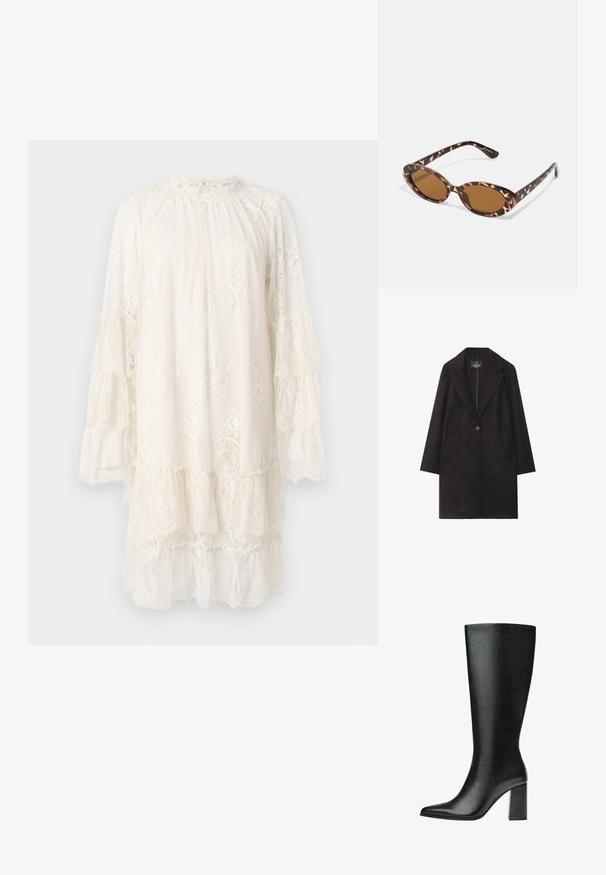 Črn volnen plašč z izrezanim ovratnikom, zapiranjem na en gumb in dvema sprednjima žepoma. Ravna silhueta z dolgimi rokavi.; Čipkasta obleka v svetlo bež barvi, z visokim ovratnikom, dolgimi nabrano oblikovanimi rokavi in večplastnim oblikovanjem z nežnimi cvetličnimi motivi in teksturirano tkanino.; Črne škornje do kolen iz umetnega usnja s koničastim nosom, gladko teksturo in debelim blok peto. Minimalistična zasnova brez vidnih dodatkov.; Želve sončne očala z ovalnimi lečami, rjave tonirane, tanke ročice z teksturiranim vzorcem, lahka plastična okvir.; Rjava usnjena torba za ramo z gladko teksturo, okroglo obliko, širokim trakom in krožno kovinsko akcenco na ročaju.